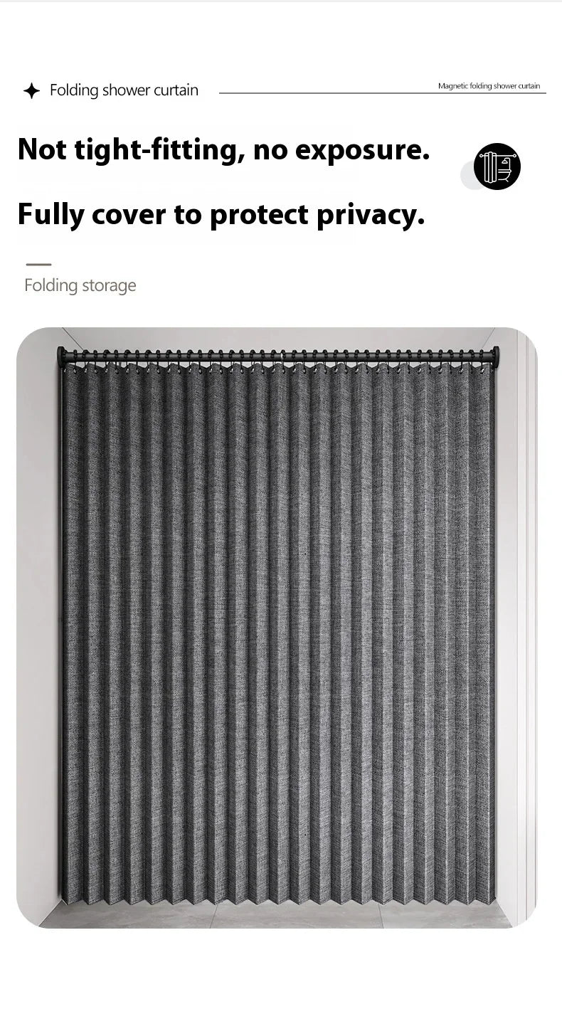 Magnetic Foldable Linen Bath Curtain Waterproof for Walk-In Shower - No Included Adjustable Rod
