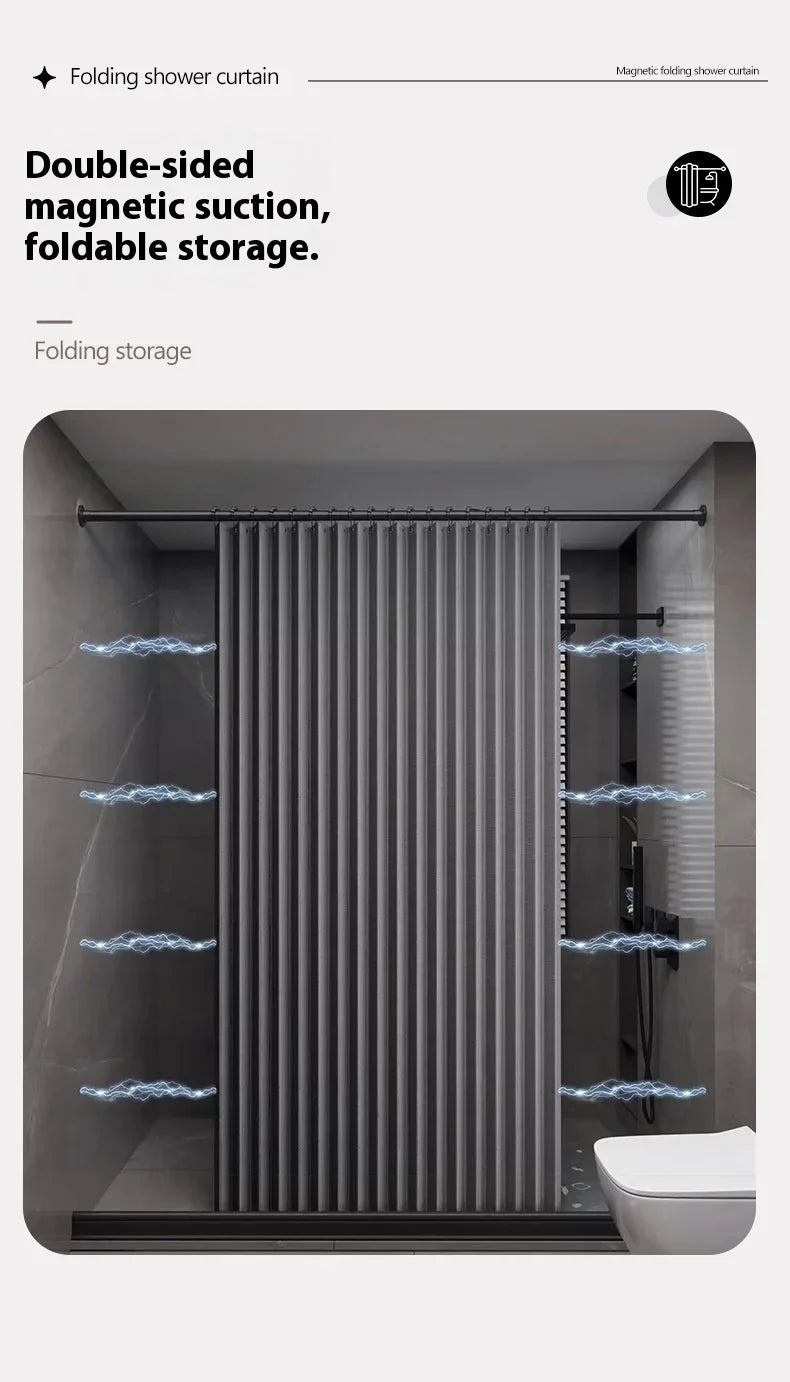 Magnetic Foldable Linen Bath Curtain Waterproof for Walk-In Shower - No Included Adjustable Rod