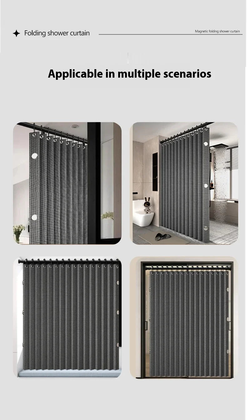 Magnetic Foldable Linen Bath Curtain Waterproof for Walk-In Shower - No Included Adjustable Rod