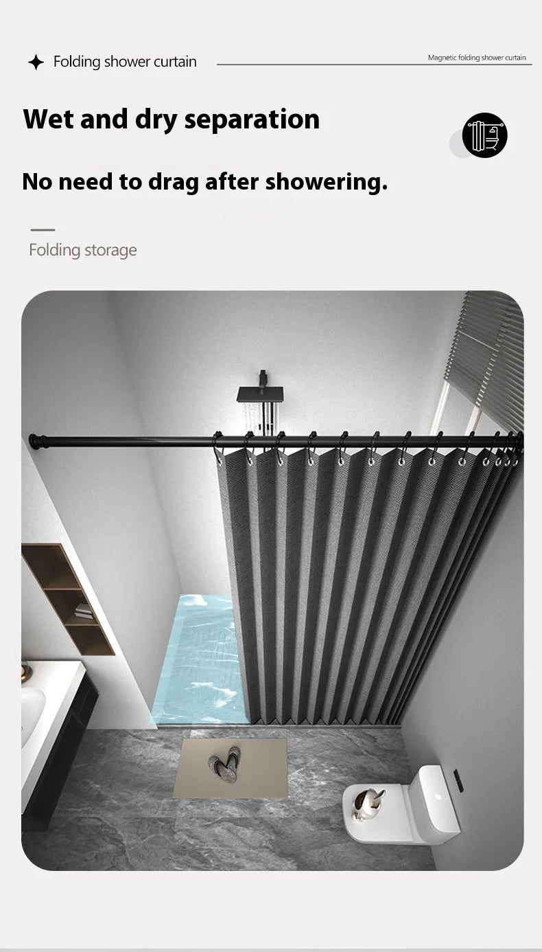 Magnetic Foldable Linen Bath Curtain Waterproof for Walk-In Shower - No Included Adjustable Rod