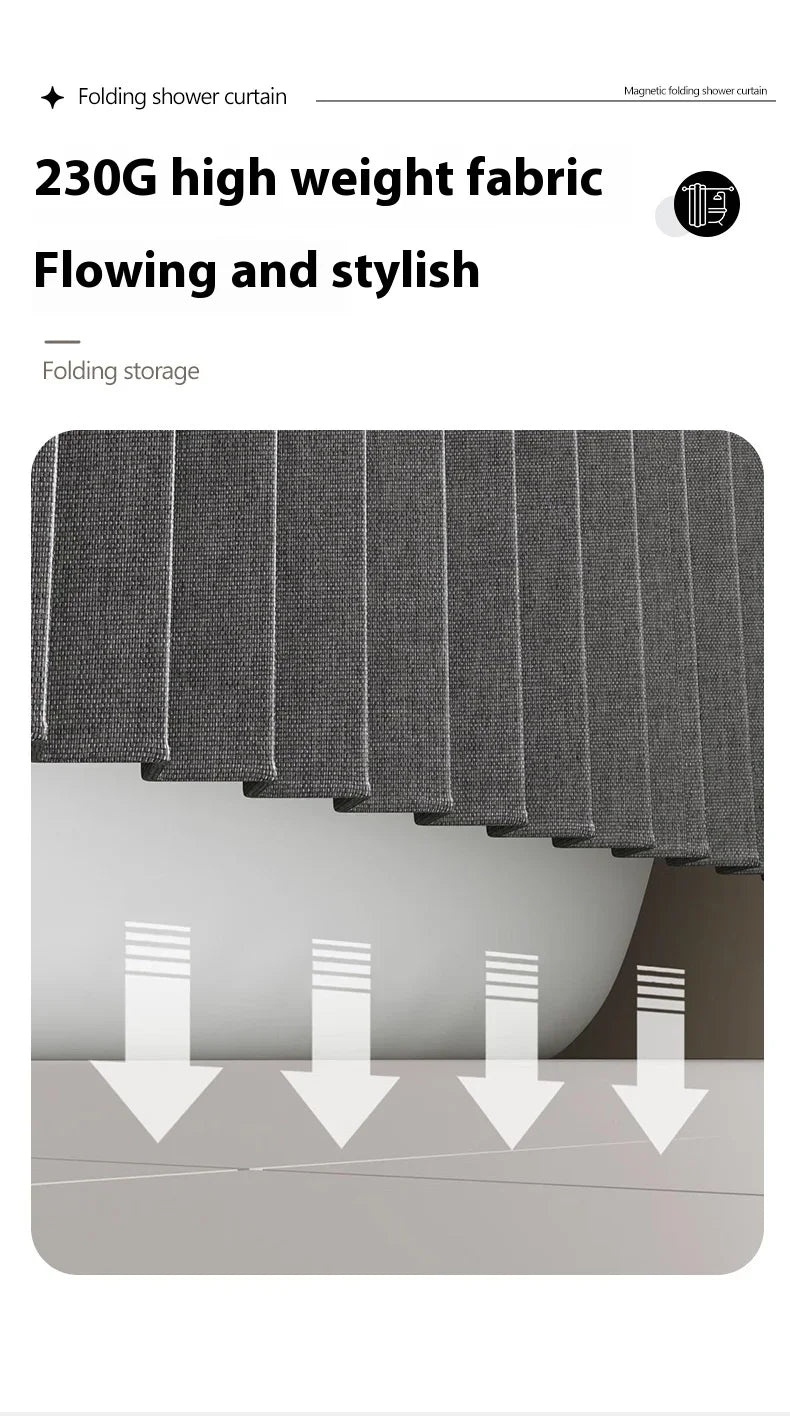 Magnetic Foldable Linen Bath Curtain Waterproof for Walk-In Shower - No Included Adjustable Rod