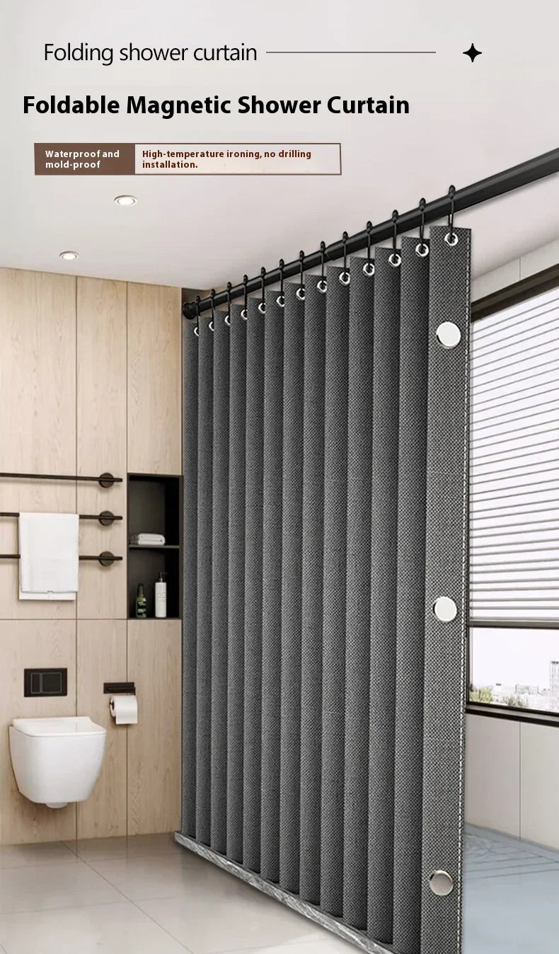 Magnetic Foldable Linen Bath Curtain Waterproof for Walk-In Shower - No Included Adjustable Rod
